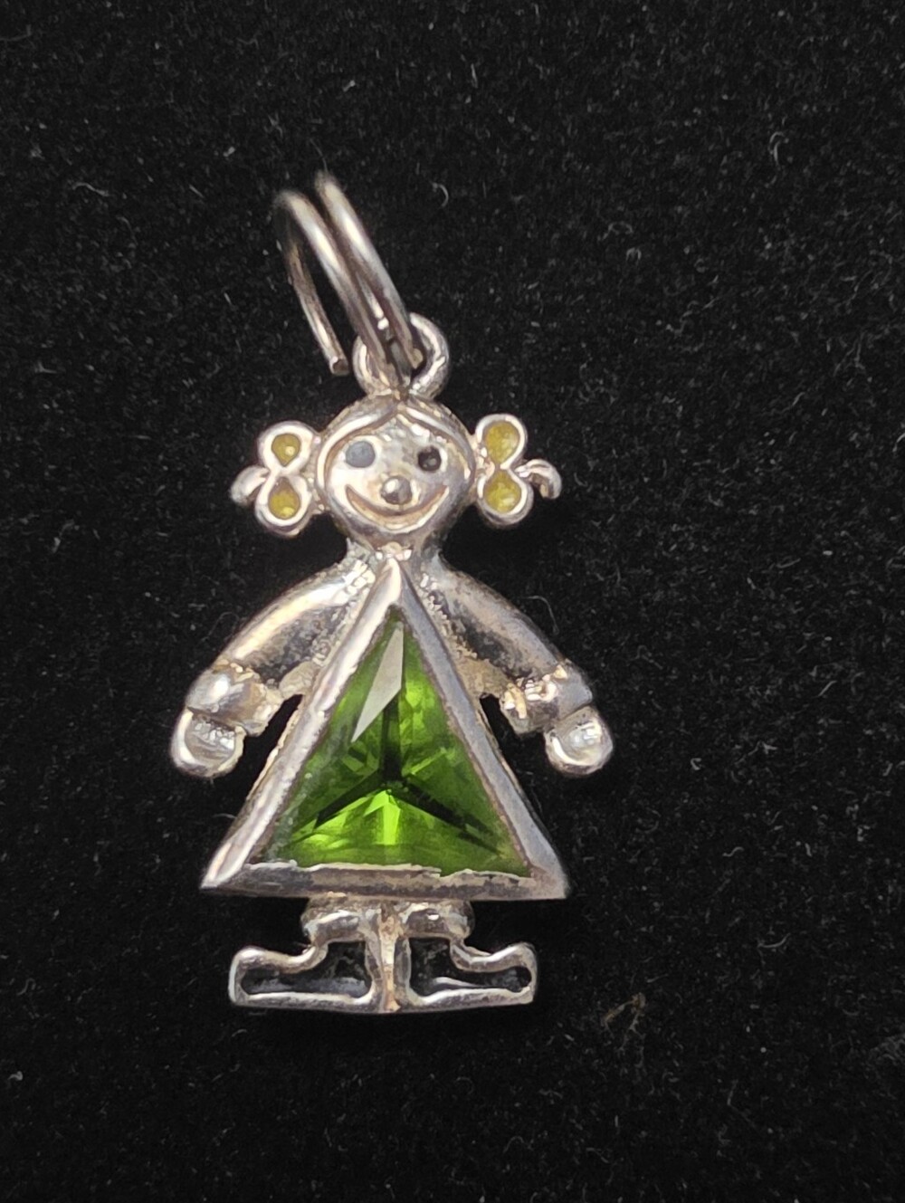 Kids 925 Birthstone Silver Girl Pendant Charm with Green Crystal Dress